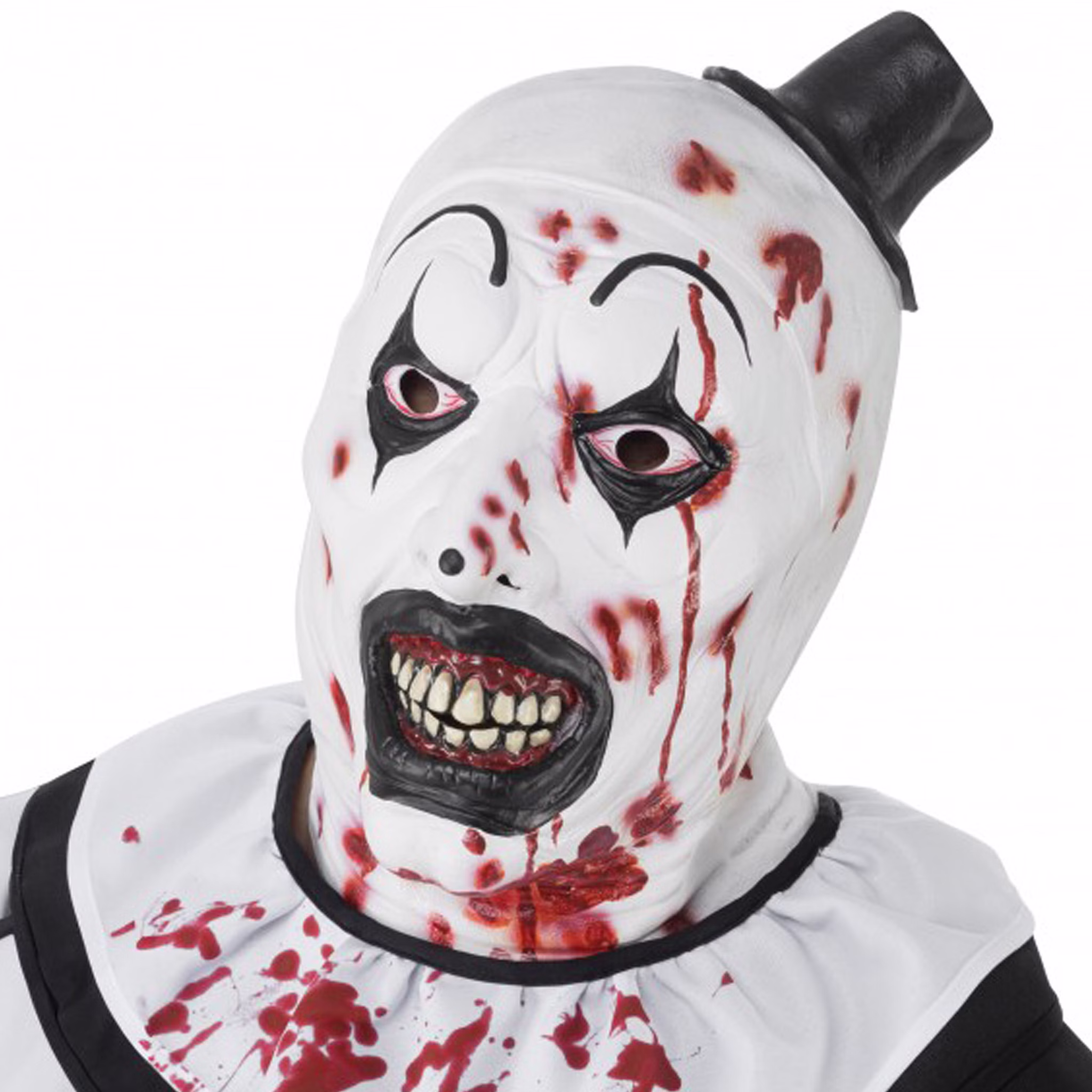 Terrifier Maske Art the Clown Halloween Latexmaske für Erwachsene Kostüm-Zubehör Fasching Karneval Mottoparty Original-Lizenzartikel Schräger Blick auf die Terrifier Maske von Art the Clown mit weißen, schwarzen und roten Details.