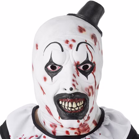 Terrifier Maske Art the Clown Halloween Latexmaske für Erwachsene Kostüm-Zubehör Fasching Karneval Mottoparty Original-Lizenzartikel Frontansicht der Terrifier Latexmaske „Art the Clown“ mit blutigen Details und schwarzem Clownshut.