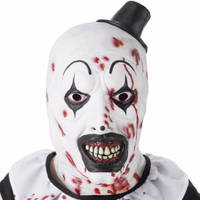 Frontansicht der Terrifier Latexmaske „Art the Clown“ mit blutigen Details und schwarzem Clownshut.