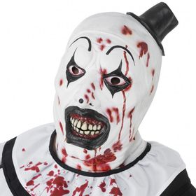 Frontansicht der Terrifier Latexmaske „Art the Clown“ mit blutigen Details und schwarzem Clownshut.