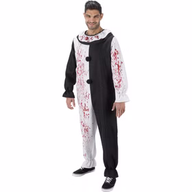 Terrifier Art the Clown Halloween Kostüm für Herren 1,80 bis 1,90 m Horror-Clown Lizenzkostüm Fasching Karneval Mottoparty Vorderansicht des Terrifier Art the Clown Kostüms für Herren, schwarz-weißer Overall mit Blutaufdruck.
