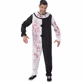 Terrifier Art the Clown Halloween Kostüm für Herren 1,80 bis 1,90 m Horror-Clown Lizenzkostüm Fasching Karneval Mottoparty Vorderansicht des Terrifier Art the Clown Kostüms für Herren, schwarz-weißer Overall mit Blutaufdruck.