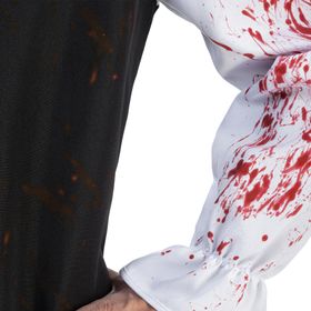 Vorderansicht des Terrifier Art the Clown Kostüms für Herren, schwarz-weißer Overall mit Blutaufdruck. 