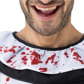 Vorderansicht des Terrifier Art the Clown Kostüms für Herren, schwarz-weißer Overall mit Blutaufdruck. 