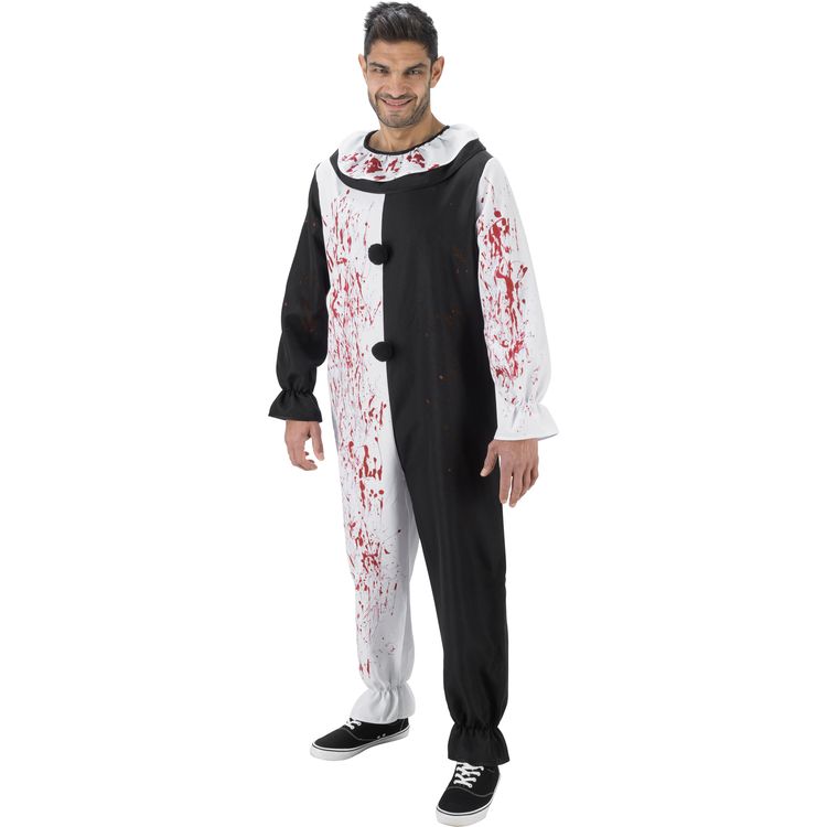 Vorderansicht des Terrifier Art the Clown Kostüms für Herren, schwarz-weißer Overall mit Blutaufdruck. 