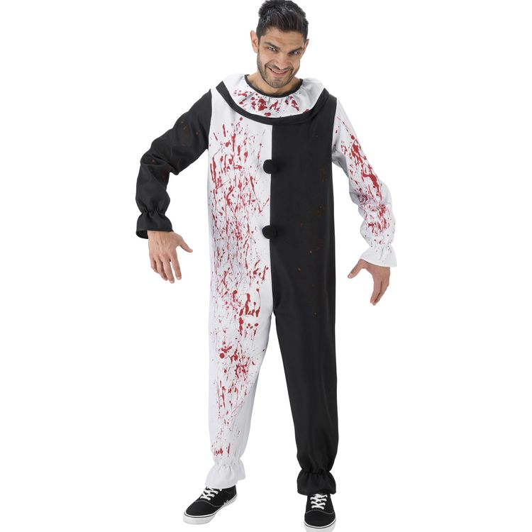 Terrifier Art the Clown Halloween Kostüm für Herren Vorderansicht des Terrifier Art the Clown Kostüms für Herren, schwarz-weißer Overall mit Blutaufdruck.
