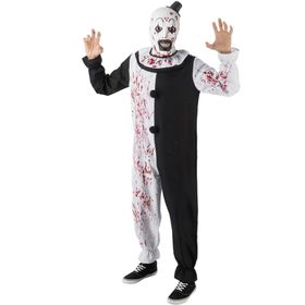 Komplettes Terrifier Kostüm mit Maske und Overall von Vorne, getragen von einem Modell in Gruselpose.