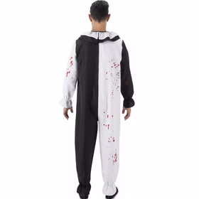 Rückansicht des Terrifier Lizenzkostüms – schwarz-weißer Overall mit roten Blutspritzern.