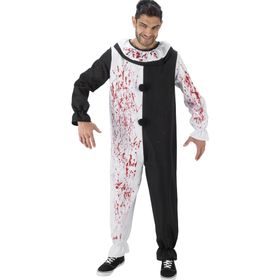 Komplettes Terrifier Kostüm mit Maske und Overall von Vorne, getragen von einem Modell in Gruselpose.