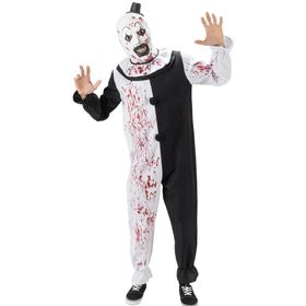 Komplettes Terrifier Kostüm mit Maske und Overall von Vorne, getragen von einem Modell in Gruselpose.