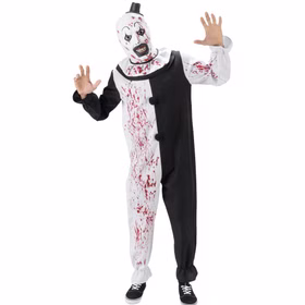 Komplettes Terrifier Kostüm mit Maske und Overall von Vorne, getragen von einem Modell in Gruselpose.