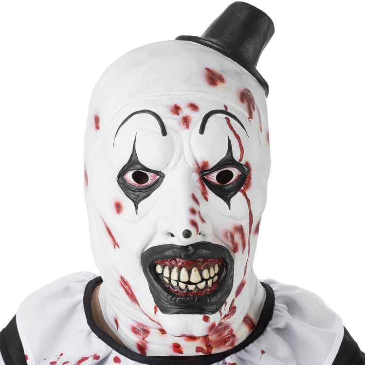 Terrifier Art the Clown Halloween Deluxe Kostüm mit Maske für Herren Komplettes Terrifier Kostüm mit Maske und Overall von Vorne, getragen von einem Modell in Gruselpose.