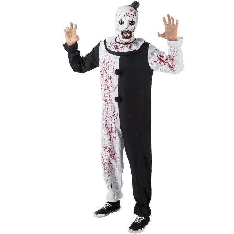 Terrifier Art the Clown Halloween Deluxe Kostüm mit Maske für Herren Komplettes Terrifier Kostüm mit Maske und Overall von Vorne, getragen von einem Modell in Gruselpose.