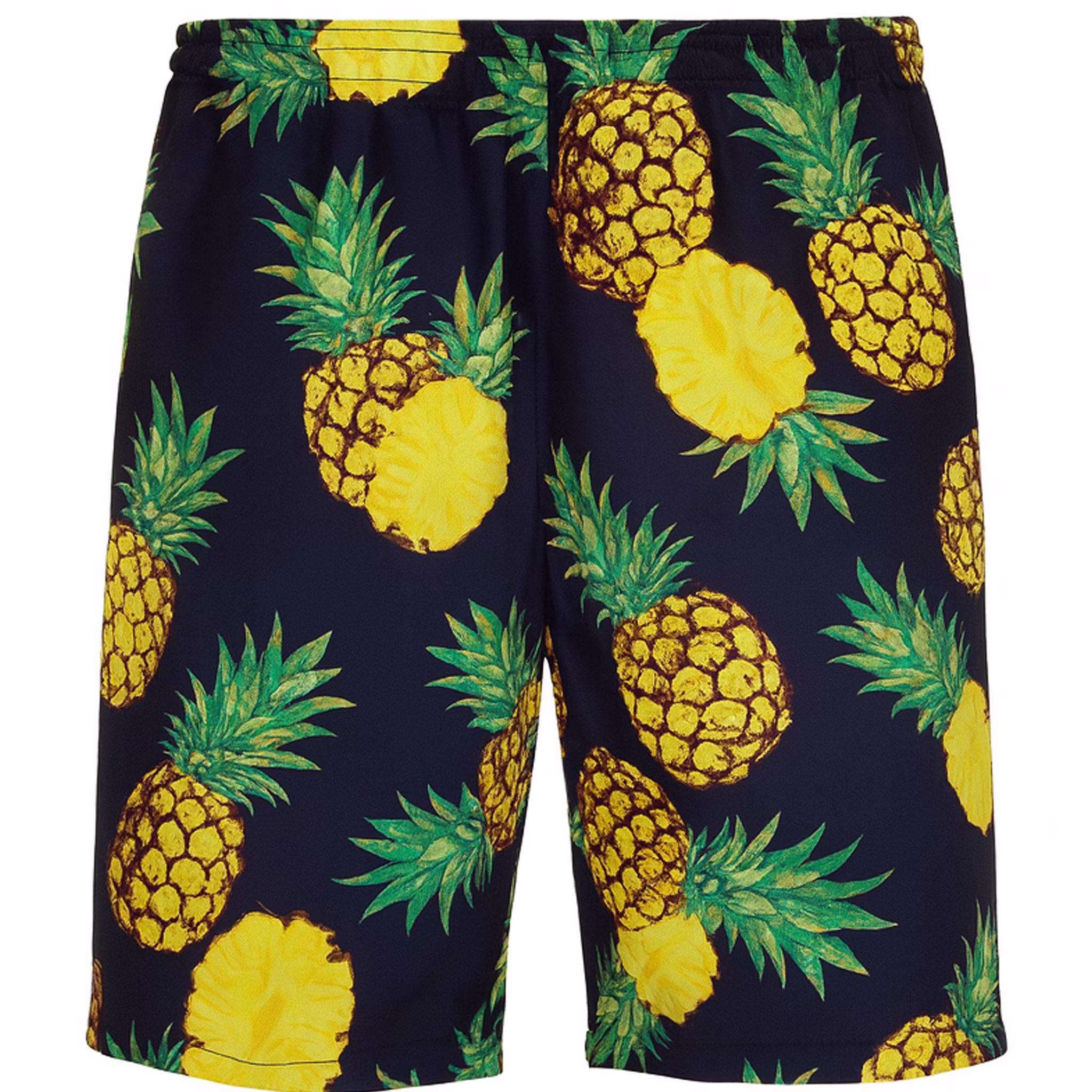 Schwarze Shorts mit auffälligem gelbem Ananasmuster und grünem Blattwerk in Großaufnahme, ohne Model gezeigt.