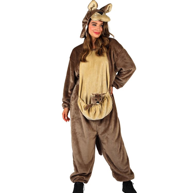 Zwei Erwachsene tragen ein braunes Känguru Kostüm mit Kapuze und Beutel, in dem jeweils ein kleines Plüschbaby-Känguru sitzt.