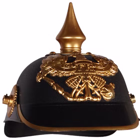 Pickelhause Kaiser Wilhelm Kopfbedeckung Kostüm-Zubehör für Herren historische Kopfbedeckung Soldat Militär Fasching Karneval Mottoparty Schwarze Pickelhaube mit Kinnriemen und mit goldenen Verzierungen und Adler-Symbol von Vorne