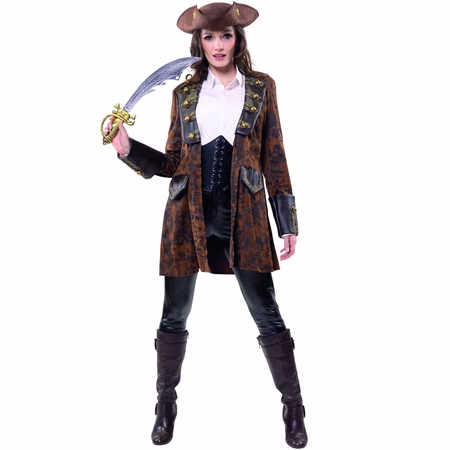 Piraten Kostüm Edler Piratenmantel Noblesse Braun für Damen Gr. 38-48 Piraten-Jacke Kostüm-Zubehör Fasching Karneval Mottoparty Paarkostüm Frau in Piratenmantel von vorn mit braunem Hut und Säbel in der Hand.