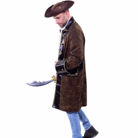 Piraten Kostüm William Edler Piratenmantel Noblesse Braun für Herren Gr. 50-56 Kostüm-Zubehör Fasching Karneval LARP Cosplay Paarkostüm Seitenansicht eines Mannes im langen braunen Piratenmantel mit braunem Dreispitz-Hut und Säbel.