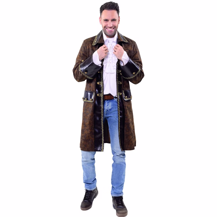 Piraten Kostüm William Edler Piratenmantel Noblesse Braun für Herren Gr. 50-56 Kostüm-Zubehör Fasching Karneval LARP Cosplay Paarkostüm Ein Mann trägt einen braunen Piratenmantel und hält den Kragen, während er in die Kamera lächelt.
