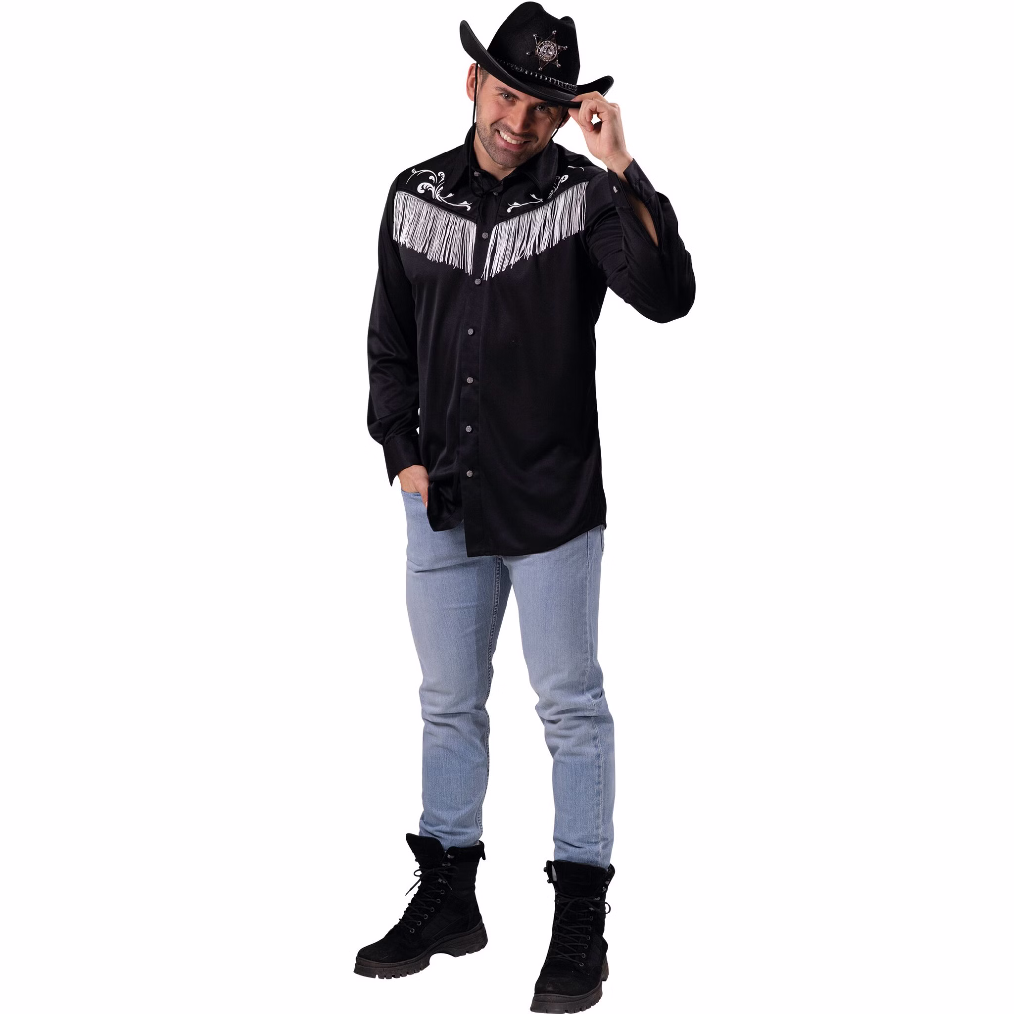 Cowboy Kostüm Joe Schwarzes Cowboyhemd für Herren Gr. 50-56 Kostüm-Zubehör Wilder Westen Western Fasching Karneval Mottoparty Mann mit schwarzem Cowboyhemd, hellblauer Jeans und schwarzem Cowboyhut, lächelt und tippt mit der Hand an den Hut.