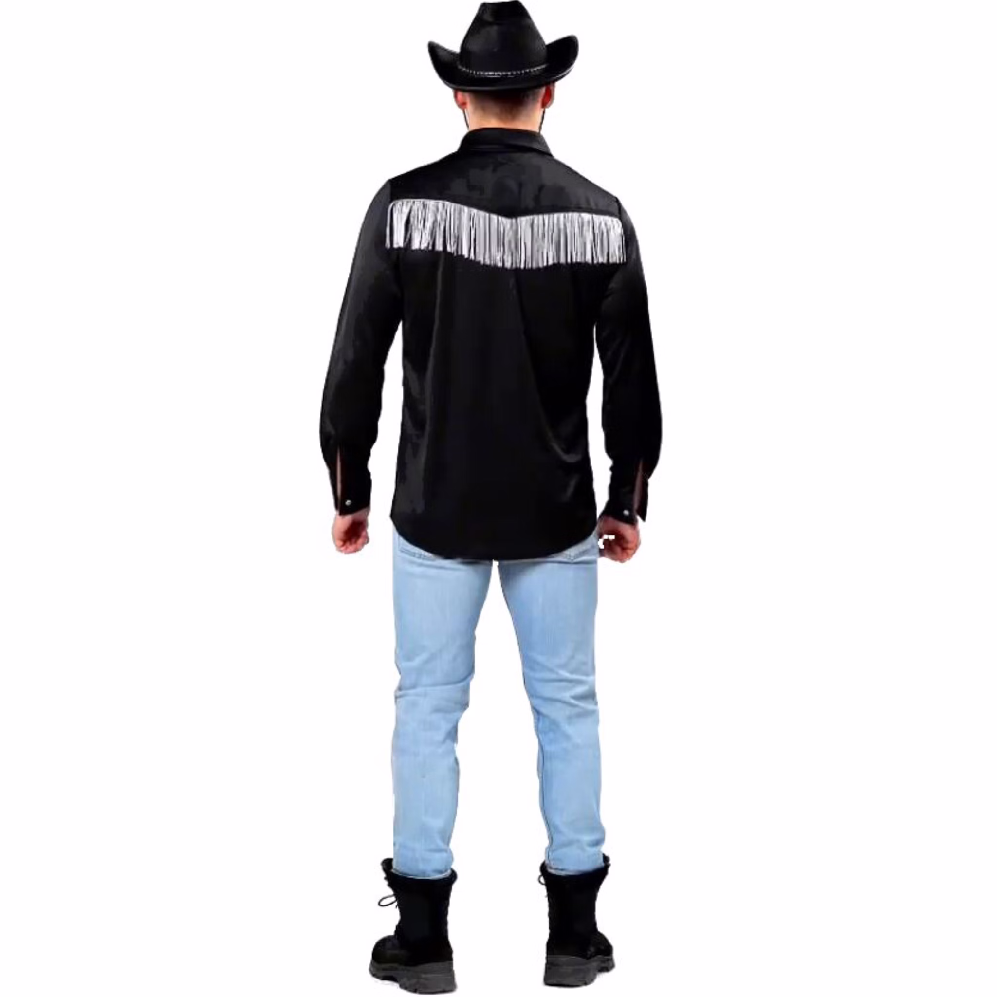 Cowboy Kostüm Joe Schwarzes Cowboyhemd für Herren Gr. 50-56 Kostüm-Zubehör Wilder Westen Western Fasching Karneval Mottoparty Rückansicht des Cowboyhemdes in Schwarz mit weißen Fransen, Mann trägt Jeans und schwarzen Cowboyhut.