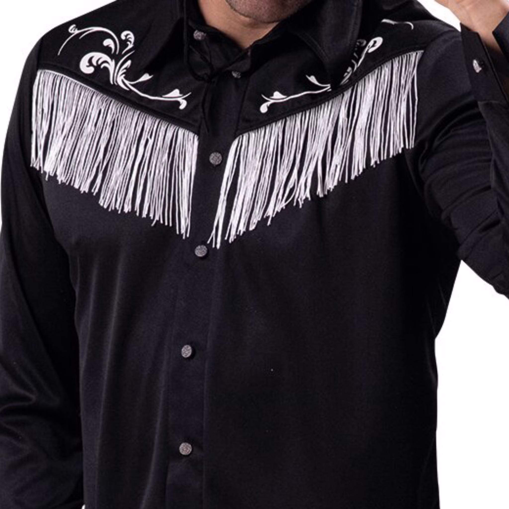 Cowboy Kostüm Joe Schwarzes Cowboyhemd für Herren Gr. 50-56 Kostüm-Zubehör Wilder Westen Western Fasching Karneval Mottoparty Detailaufnahme des schwarzen Cowboyhemdes mit weißen Fransen und silbernen Knöpfen.