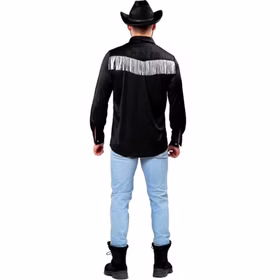 Rückansicht des Cowboyhemdes in Schwarz mit weißen Fransen, Mann trägt Jeans und schwarzen Cowboyhut.