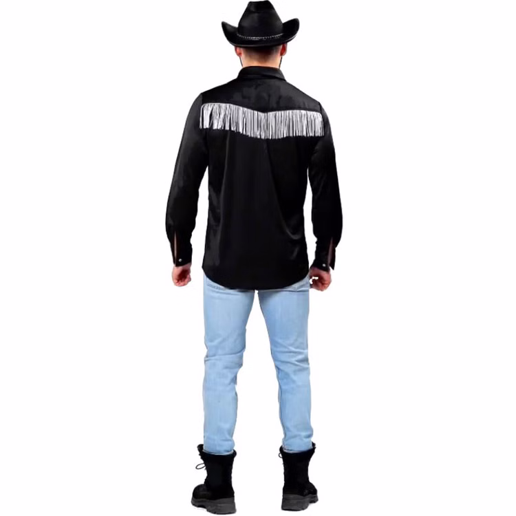 Cowboy Kostüm Joe Schwarzes Cowboyhemd für Herren Gr. 50-56 Kostüm-Zubehör Wilder Westen Western Fasching Karneval Mottoparty Rückansicht des Cowboyhemdes in Schwarz mit weißen Fransen, Mann trägt Jeans und schwarzen Cowboyhut.