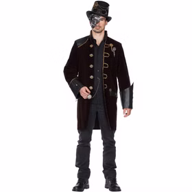 Steampunk Kostüm Percival Dunkelbrauner Mantel für Herren Gr. 50-56 Kostüm-Zubehör Gothic Cosplay Fasching Karneval Mottoparty Mann im braunen Steampunk-Mantel mit Zylinder von Vorne.