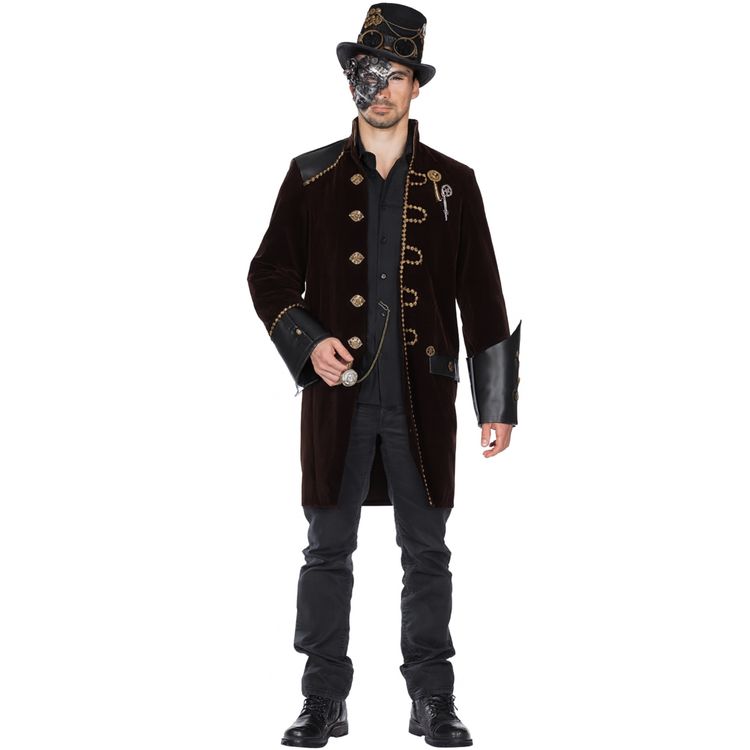Mann im braunen Steampunk-Mantel mit Zylinder von Vorne.