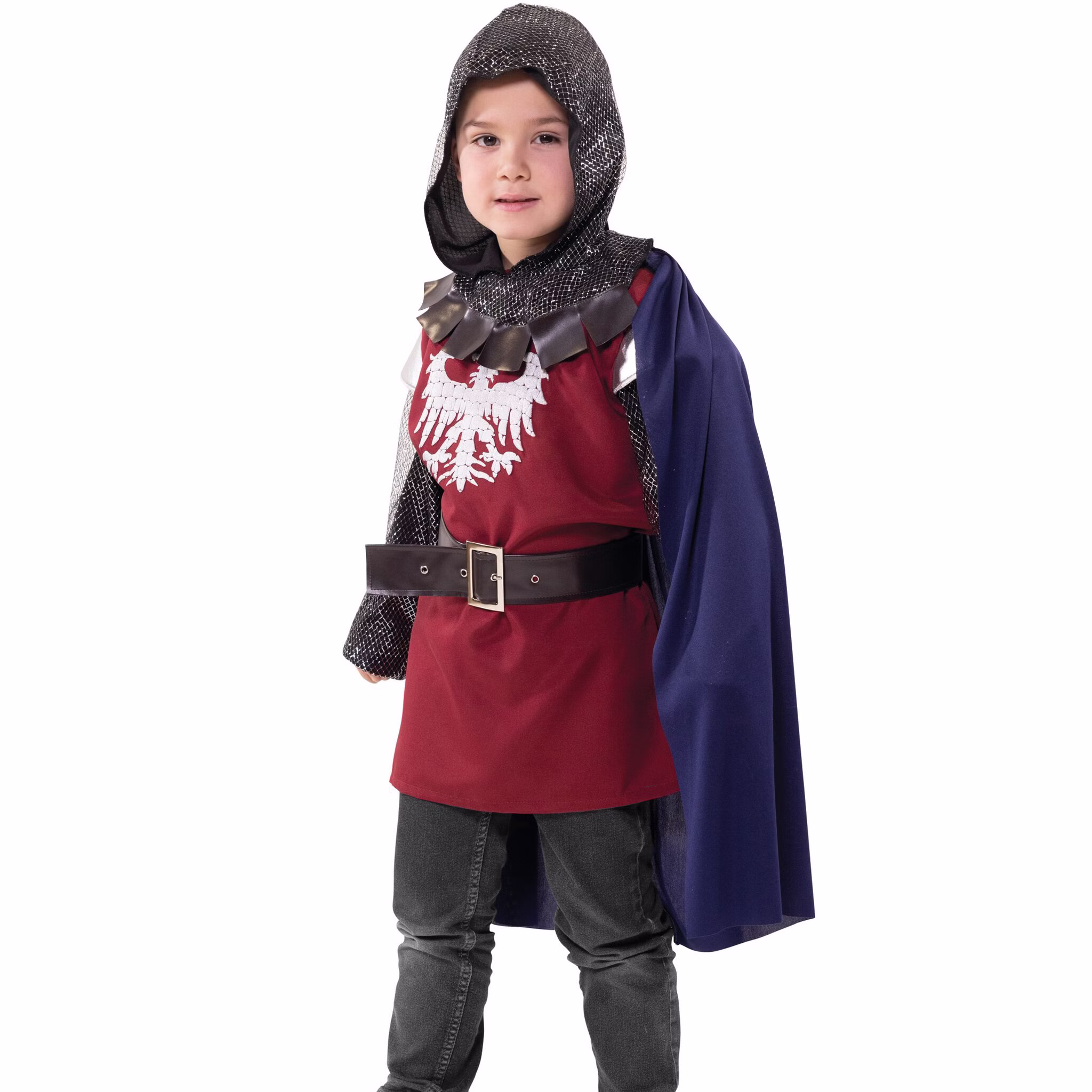Ritter Kostüm Mittelalter Ritter Lancelot für Kinder Gr. 116-140 Mittelalter Ritterfest Mittelaltermode Fasching Karneval Mottoparty Kindergeburtstag Rollenspiel Kind im Ritterkostüm mit weinrotem Oberteil, blauem Umhang und schwarzem Gürtel in entspannter Haltung.