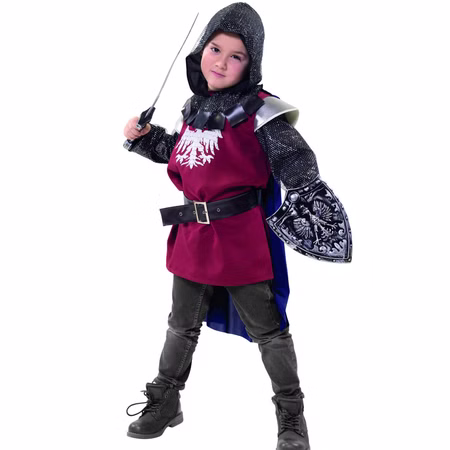 Ritter Kostüm Mittelalter Ritter Lancelot für Kinder Gr. 116-140 Mittelalter Ritterfest Mittelaltermode Fasching Karneval Mottoparty Kindergeburtstag Rollenspiel Ein Kind im Ritterkostüm Lancelot mit Schwert und Schild in kämpferischer Pose.