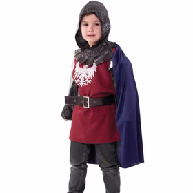 Ritter Kostüm Mittelalter Ritter Lancelot für Kinder Gr. 116-140 Mittelalter Ritterfest Mittelaltermode Fasching Karneval Mottoparty Kindergeburtstag Rollenspiel Kind im Ritterkostüm mit weinrotem Oberteil, blauem Umhang und schwarzem Gürtel in entspannter Haltung.