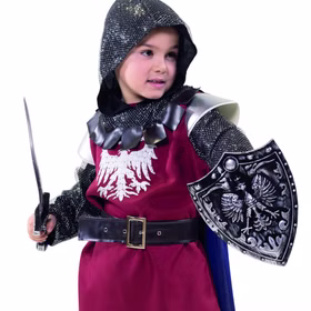 Ritter Kostüm Mittelalter Ritter Lancelot für Kinder Gr. 116-140 Mittelalter Ritterfest Mittelaltermode Fasching Karneval Mottoparty Kindergeburtstag Rollenspiel Kind im Ritterkostüm mit Schwert und detailliertem Schild, weinrotes Oberteil mit Adler-Motiv und Kettenhemd-Optik.