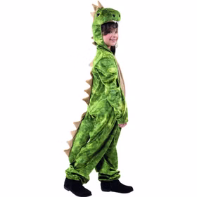 Dino Kostüm Grüner Dinosaurier Bronto für Kinder Gr. 104-128 Tierkostüm Brontosaurier Fasching Karneval Kindergeburtstag Mottoparty Kind im Dino-Kostüm von der Seite, lachend, mit Kapuze und beige-farbenen Rückenschuppen.