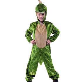 Dino Kostüm Grüner Dinosaurier Bronto für Kinder Gr. 104-128 Tierkostüm Brontosaurier Fasching Karneval Kindergeburtstag Mottoparty Kind in grünem Dino-Overall mit Kapuze und Reißverschluss vorne, Hände in die Hüften gestützt.