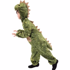 Dino Kostüm Grüner Dinosaurier Bronto für Kinder Gr. 104-128 Tierkostüm Brontosaurier Fasching Karneval Kindergeburtstag Mottoparty Kind im Dinosaurier-Kostüm in Laufhaltung, seitliche Ansicht mit Schwanz und Rückenschuppen.