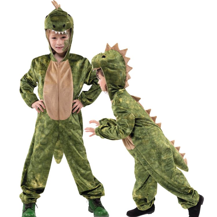Zwei Kinder im grünen Dinosaurier-Kostüm, eines frontal, das andere seitlich mit ausgestreckten Armen.