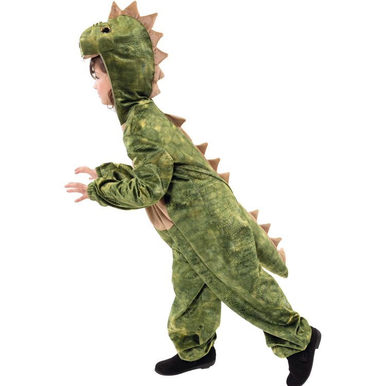 Zwei Kinder im grünen Dinosaurier-Kostüm, eines frontal, das andere seitlich mit ausgestreckten Armen.