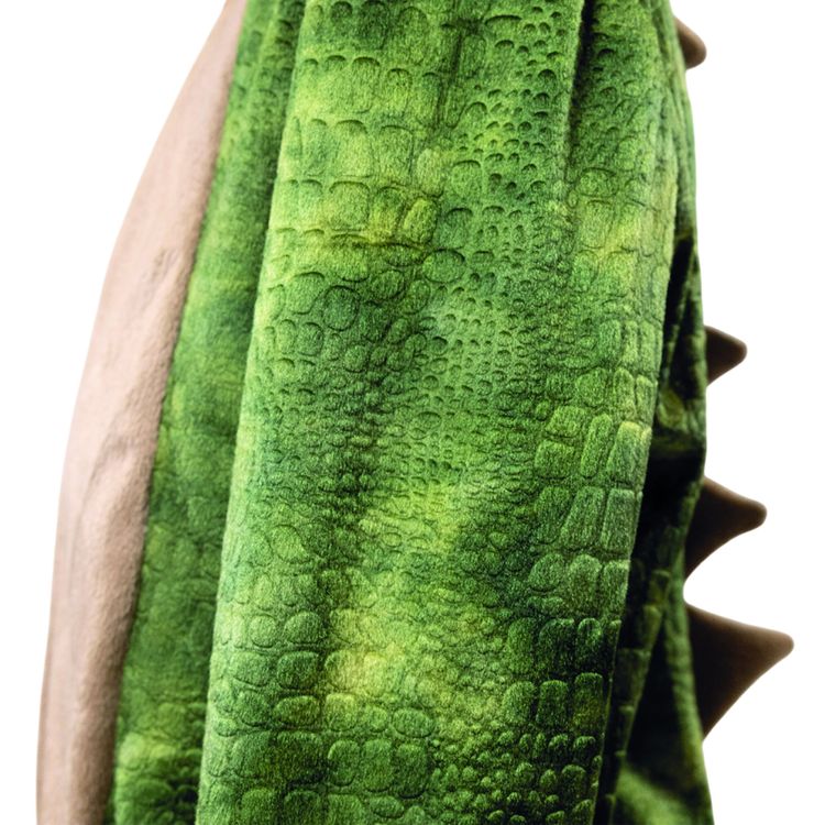 Zwei Kinder im grünen Dinosaurier-Kostüm, eines frontal, das andere seitlich mit ausgestreckten Armen.