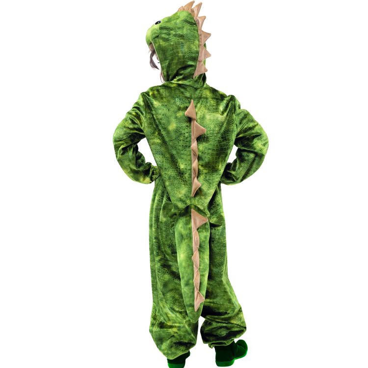 Zwei Kinder im grünen Dinosaurier-Kostüm, eines frontal, das andere seitlich mit ausgestreckten Armen.