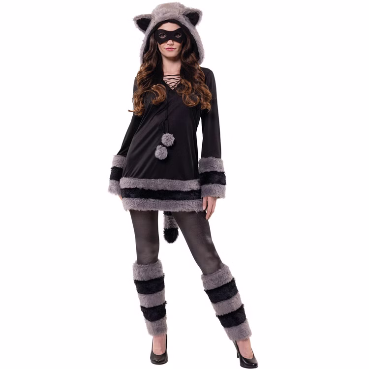 Waschbär Kostüm Roxy Schwarz Grau Kleid mit Maske für Damen Gr. 38-46 Tierkleid Tierkostüm Fasching Karneval Mottoparty Gruppenkostüm Vorderansicht des Waschbär Kostüms mit Kapuze, Fellstreifen und Pompoms.
