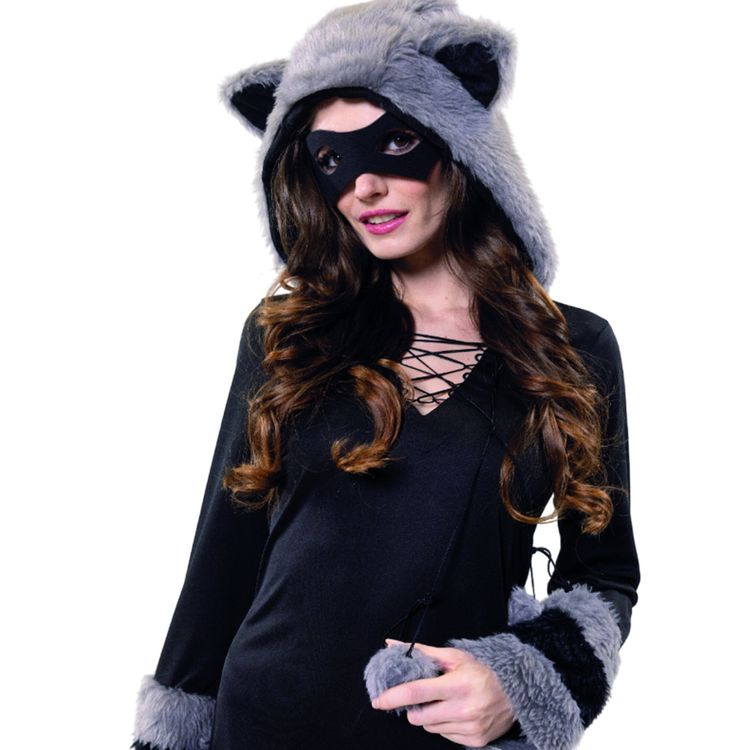 Waschbär Kostüm Roxy Schwarz Grau Kleid mit Maske für Damen Vorderansicht des Waschbär Kostüms mit Kapuze, Fellstreifen und Pompoms.