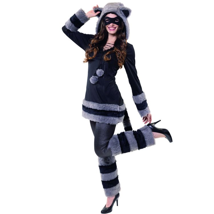 Waschbär Kostüm Roxy Schwarz Grau Kleid mit Maske für Damen Vorderansicht des Waschbär Kostüms mit Kapuze, Fellstreifen und Pompoms.