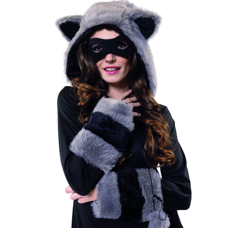 Waschbär Kostüm Roxy Schwarz Grau Kleid mit Maske für Damen Vorderansicht des Waschbär Kostüms mit Kapuze, Fellstreifen und Pompoms.