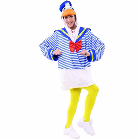 Enten Kostüm Matrosenente Quak für Erwachsene Einheitsgröße Tierkostüm Tier Unisex-Kostüm Matrose Fasching Karneval Mottoparty Spaßkostüm Frau im Entenkostüm mit gelben Strumpfhosen und roter Satinschleife.