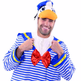 Enten Kostüm Matrosenente Quak für Erwachsene Einheitsgröße Tierkostüm Tier Unisex-Kostüm Matrose Fasching Karneval Mottoparty Spaßkostüm Mann trägt das Entenkostüm mit Kapuze, Entenschnabel und roter Schleife.