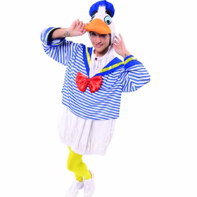 Enten Kostüm Matrosenente Quak für Erwachsene Einheitsgröße Tierkostüm Tier Unisex-Kostüm Matrose Fasching Karneval Mottoparty Spaßkostüm Frau posiert im Entenkostüm mit Kapuze, Schnabel und blau-weiß gestreiftem Oberteil.