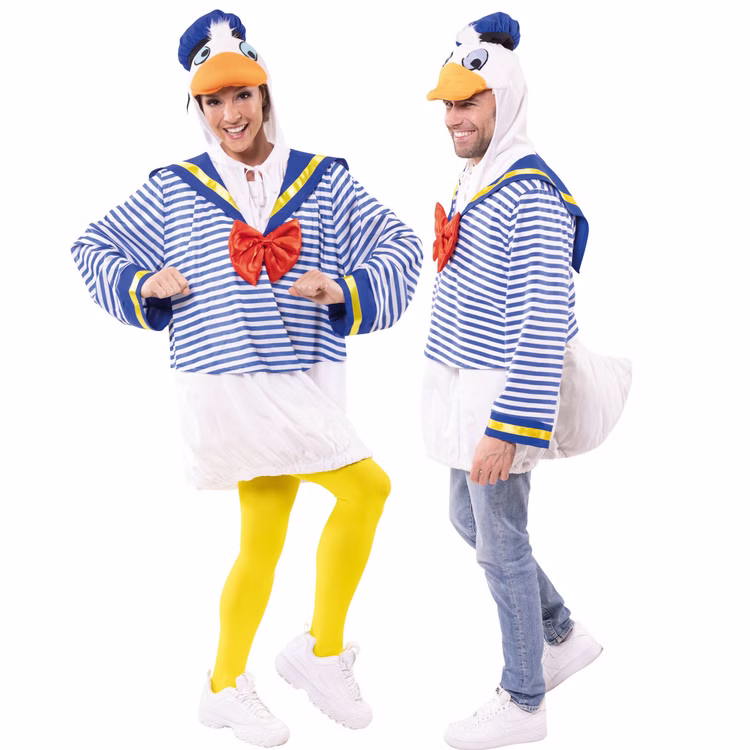 Enten Kostüm Matrosenente Quak für Erwachsene Einheitsgröße Tierkostüm Tier Unisex-Kostüm Matrose Fasching Karneval Mottoparty Spaßkostüm Mann und Frau zusammen im Entenkostüm als Matrosenenten-Paar.