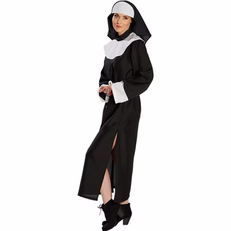 Nonnen Kostüm Ordensfrau Melissa Klosterfrau mit Haube für Damen Gr. 38-46 Ordensschwester Berufe Halloween Fasching Karneval Mottoparty Frau im Nonnenkostüm bestehend aus einem schwarzen Kleid, einer Haube und weißem Gürtel seitlich von Vorne.